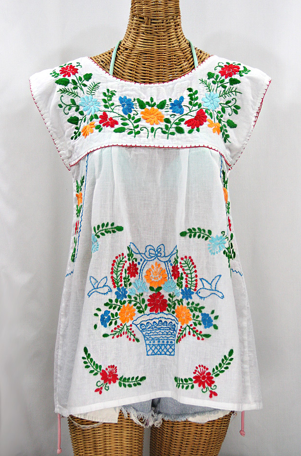 "La Boqueria" Cap Sleeve Mexican Blouse -White + Fiesta