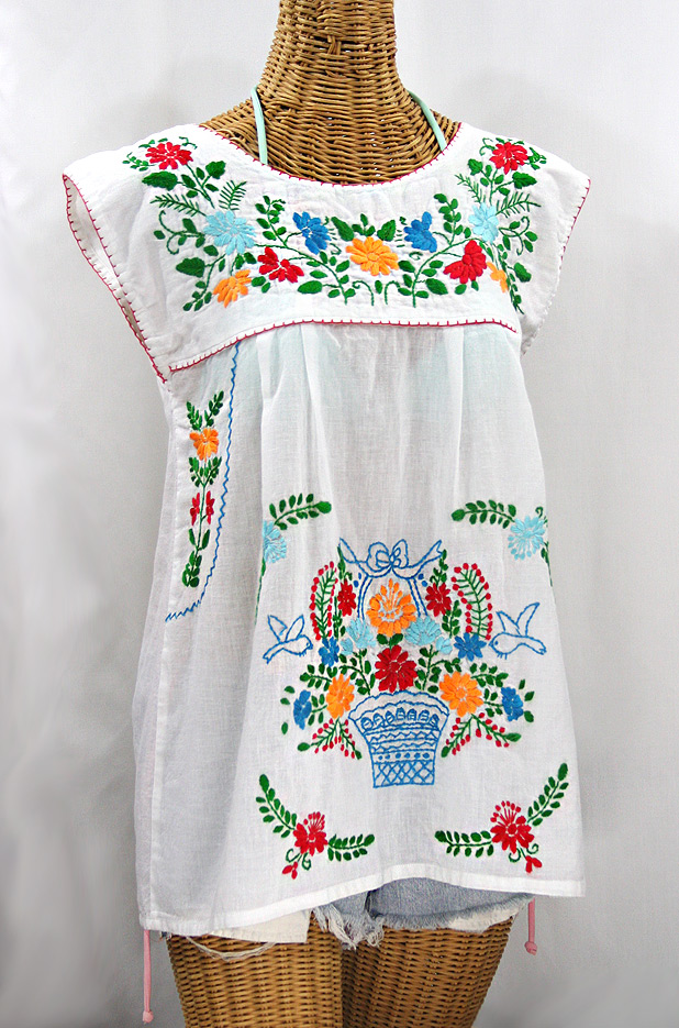 "La Boqueria" Cap Sleeve Mexican Blouse -White + Fiesta