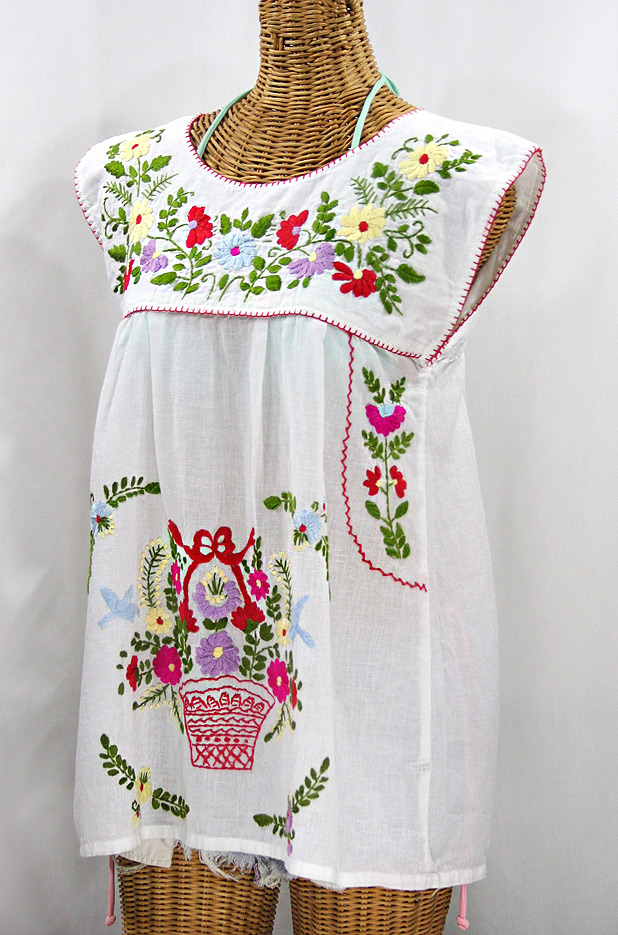 "La Boqueria" Cap Sleeve Mexican Blouse -White + Multi