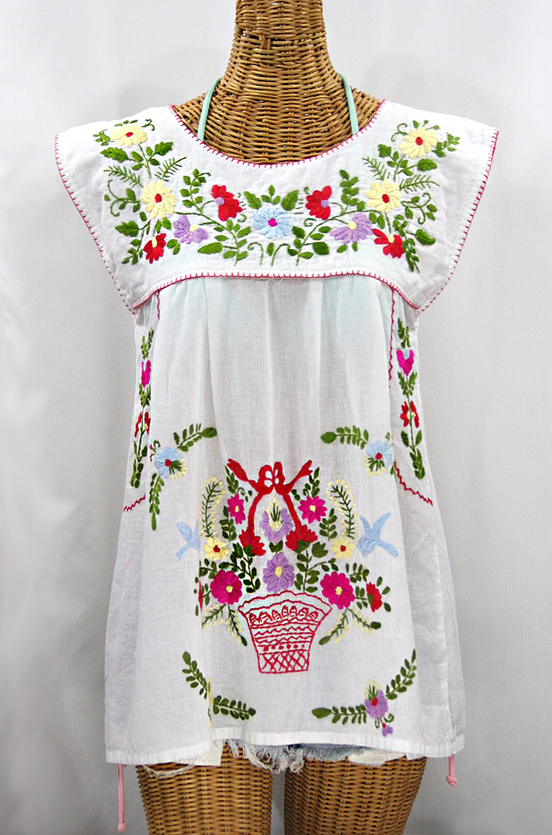 "La Boqueria" Cap Sleeve Mexican Blouse -White + Multi