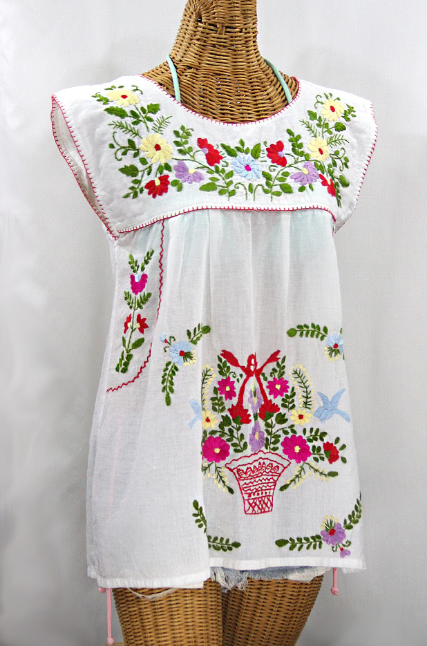 "La Boqueria" Cap Sleeve Mexican Blouse -White + Multi