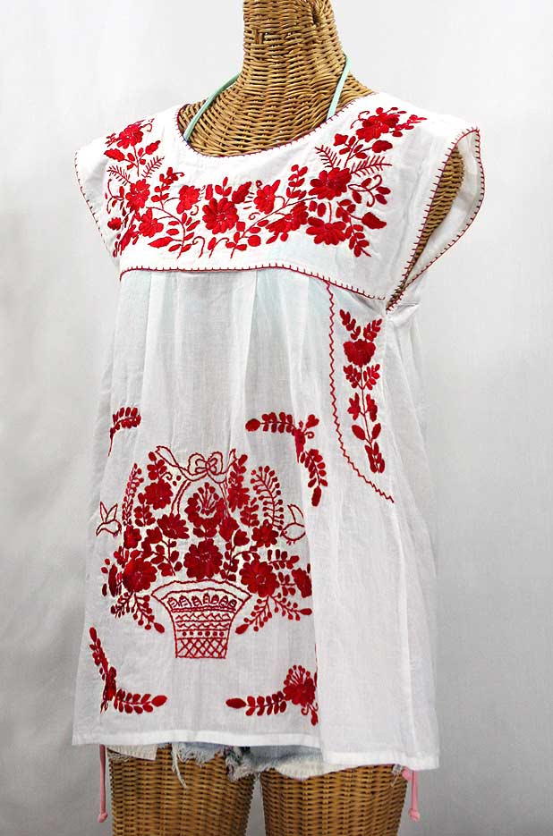 FINAL SALE -- "La Boqueria" Cap Sleeve Mexican Blouse -White + Red