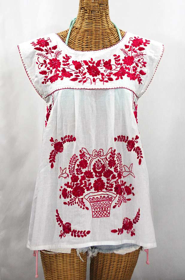 "La Boqueria" Cap Sleeve Mexican Blouse -White + Red