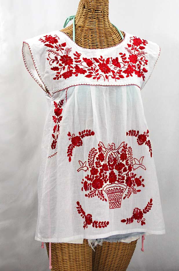 "La Boqueria" Cap Sleeve Mexican Blouse -White + Red