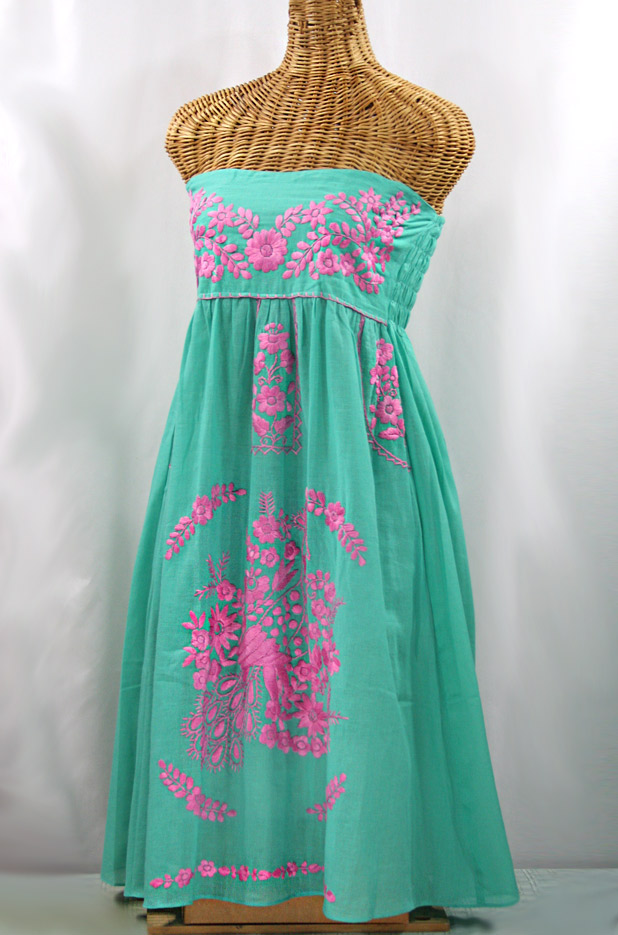 "La Canaria" Embroidered Strapless Sundress - Mint + Pink