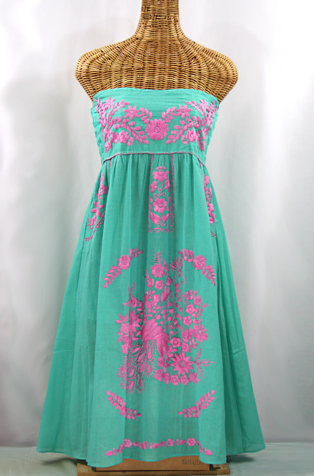 "La Canaria" Embroidered Strapless Sundress - Mint + Pink