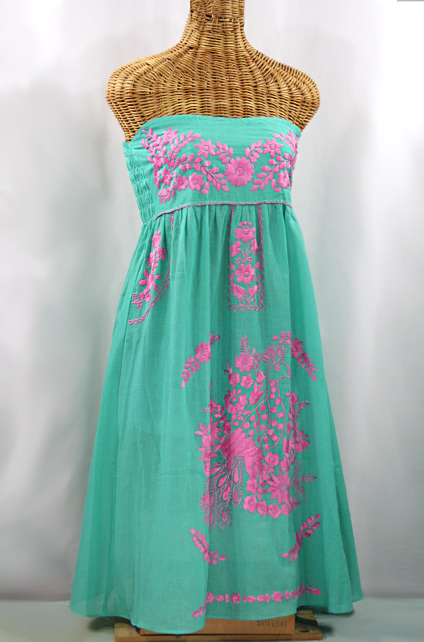 "La Canaria" Embroidered Strapless Sundress - Mint + Pink