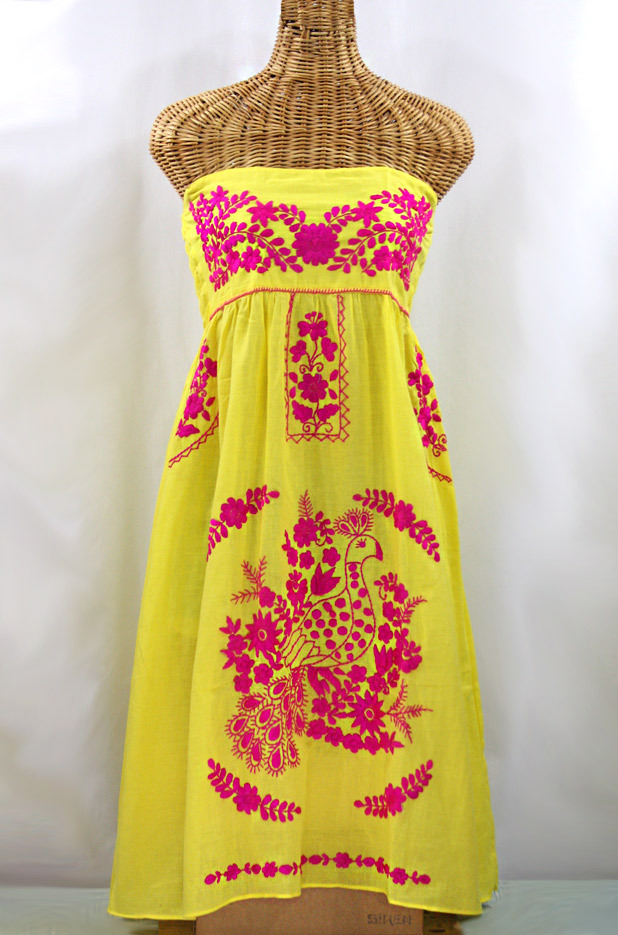 La Canaria Embroidered Strapless Sundress - Yellow + Magenta