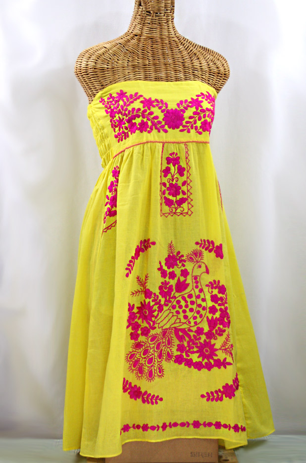 "La Canaria" Embroidered Strapless Sundress - Yellow + Magenta