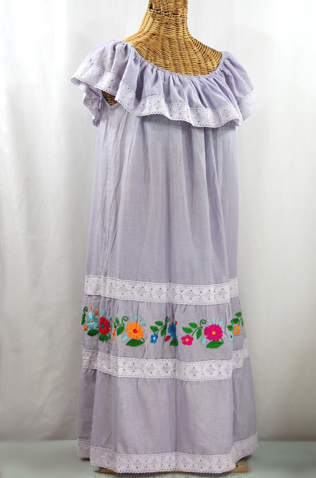 "La Cantina" Embroidered Ruffled Dress - Iced Lavender + Multi