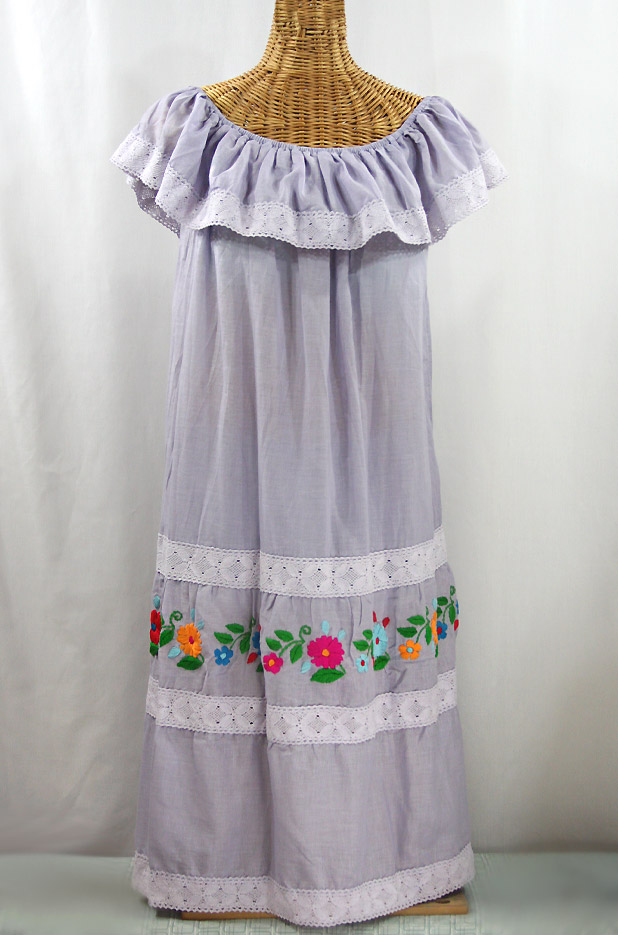 FINAL SALE -- "La Cantina" Embroidered Ruffled Dress - Iced Lavender + Multi