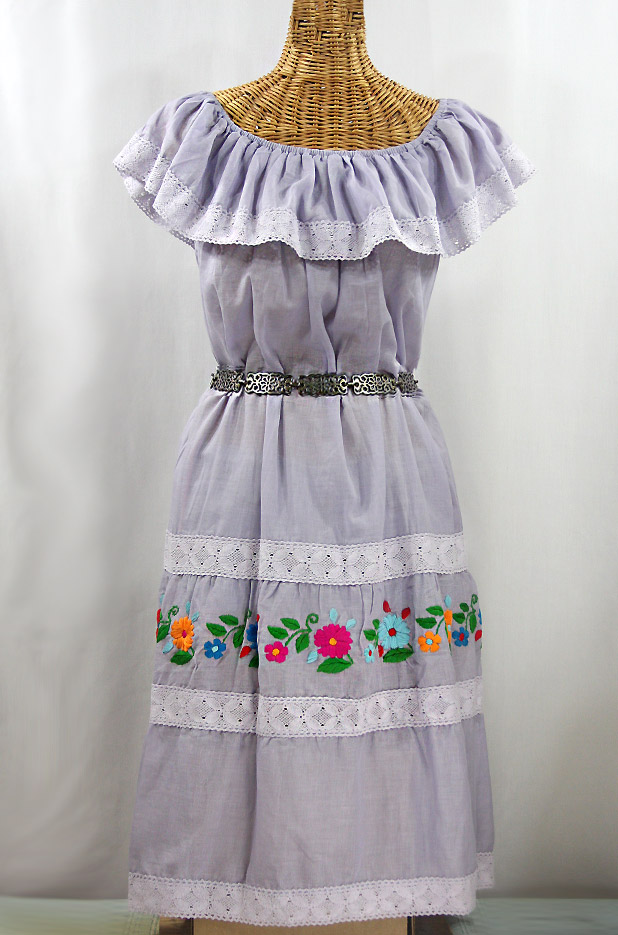 FINAL SALE -- "La Cantina" Embroidered Ruffled Dress - Iced Lavender + Multi