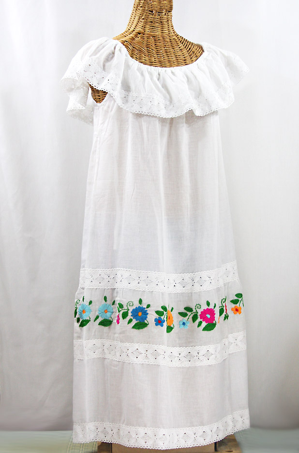 FINAL SALE -- "La Cantina" Embroidered Ruffled Dress - White + Multi