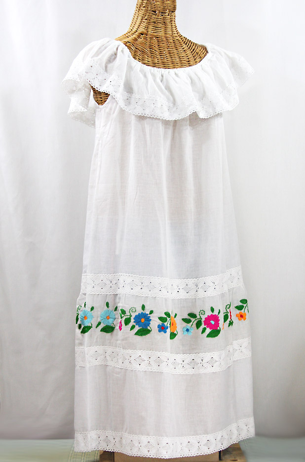 "La Cantina" Embroidered Ruffled Dress - White + Multi