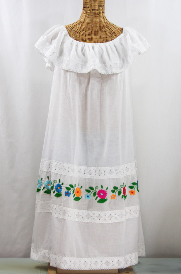 "La Cantina" Embroidered Ruffled Dress - White + Multi