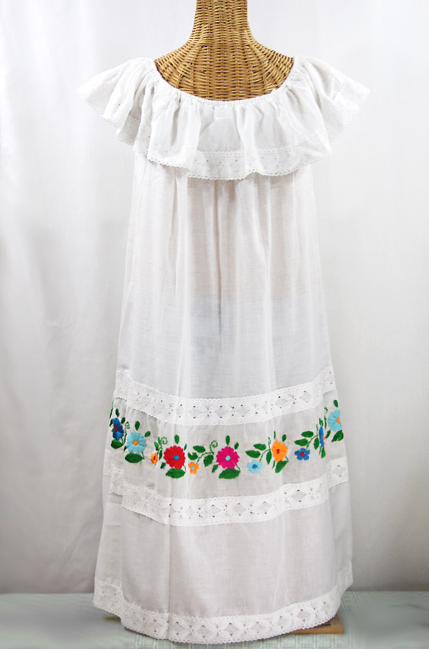 "La Cantina" Embroidered Ruffled Dress - White + Multi