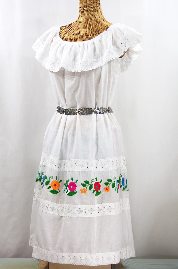 "La Cantina" Embroidered Ruffled Dress - White + Multi