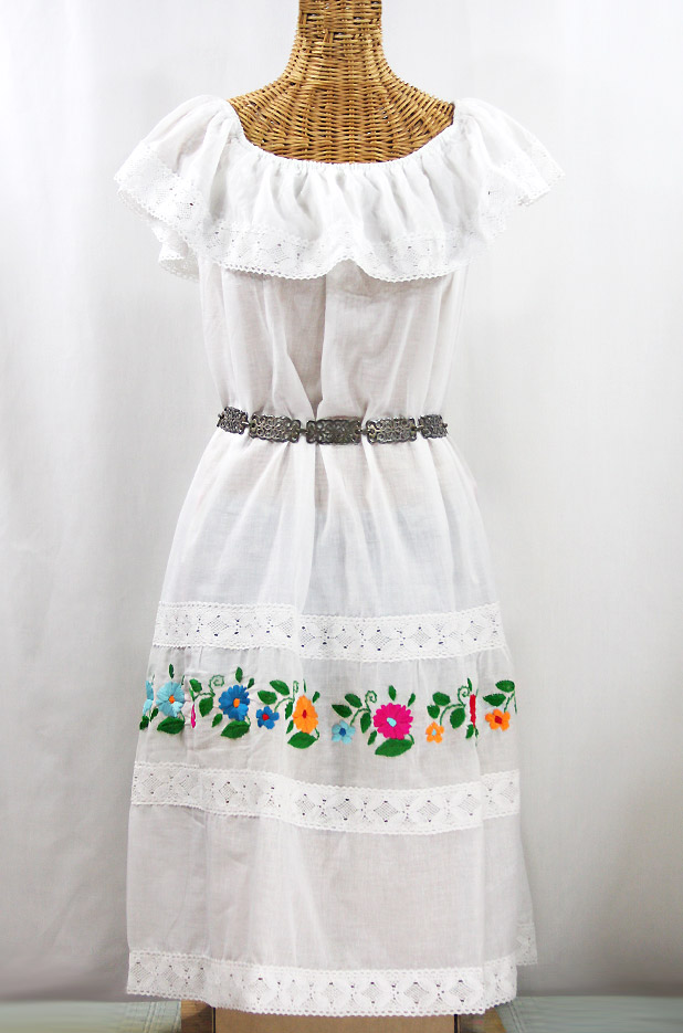 "La Cantina" Embroidered Ruffled Dress - White + Multi