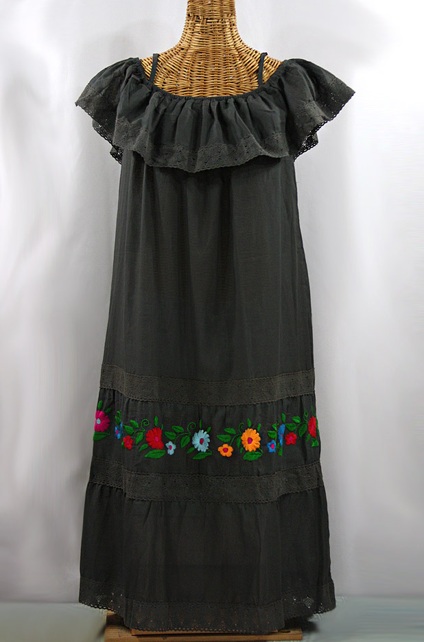 "La Cantina" Embroidered Ruffled Dress - Charcoal + Multi