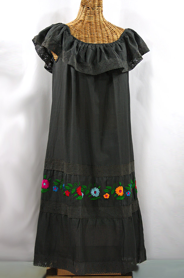 "La Cantina" Embroidered Ruffled Dress - Charcoal + Multi