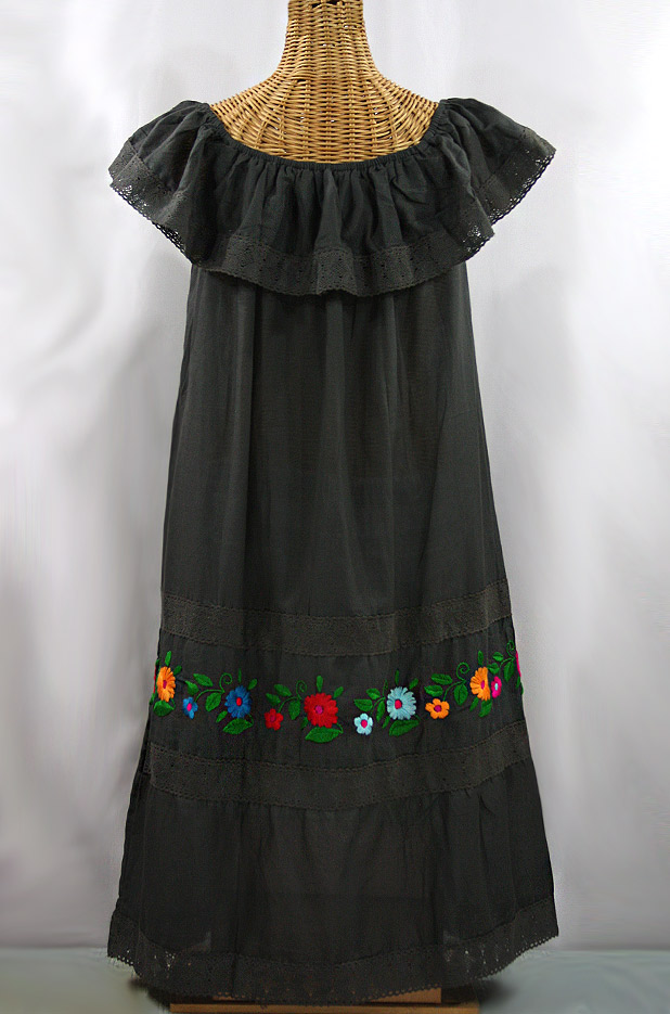 "La Cantina" Embroidered Ruffled Dress - Charcoal + Multi