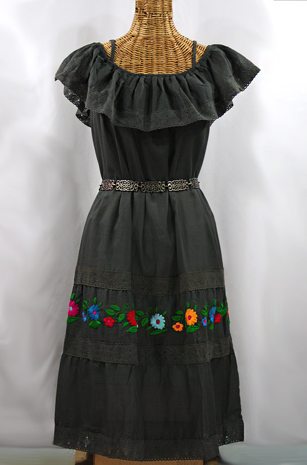 "La Cantina" Embroidered Ruffled Dress - Charcoal + Multi