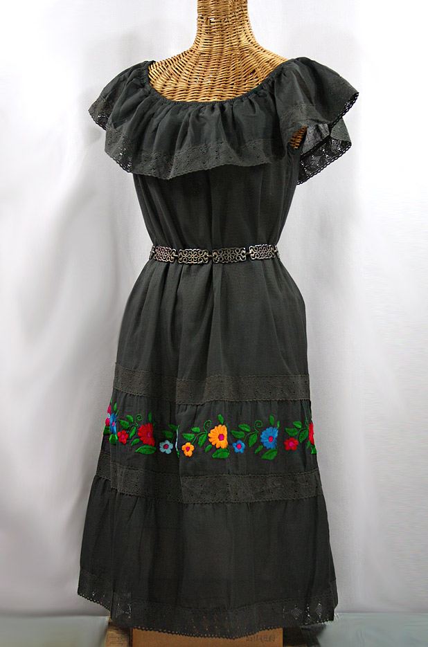 "La Cantina" Embroidered Ruffled Dress - Charcoal + Multi