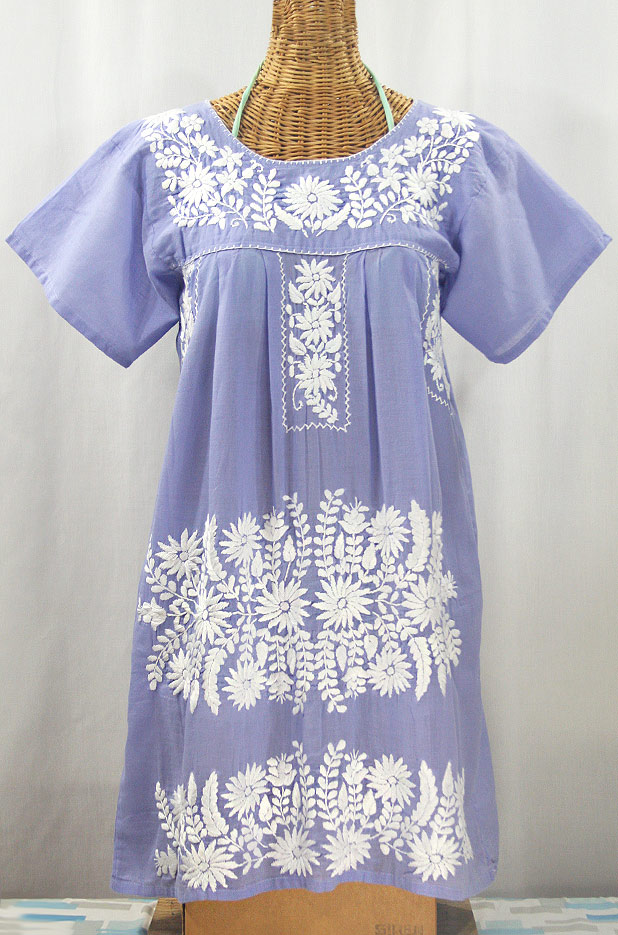 "La Favorita" Embroidered Mexican Dress - Periwinkle + White