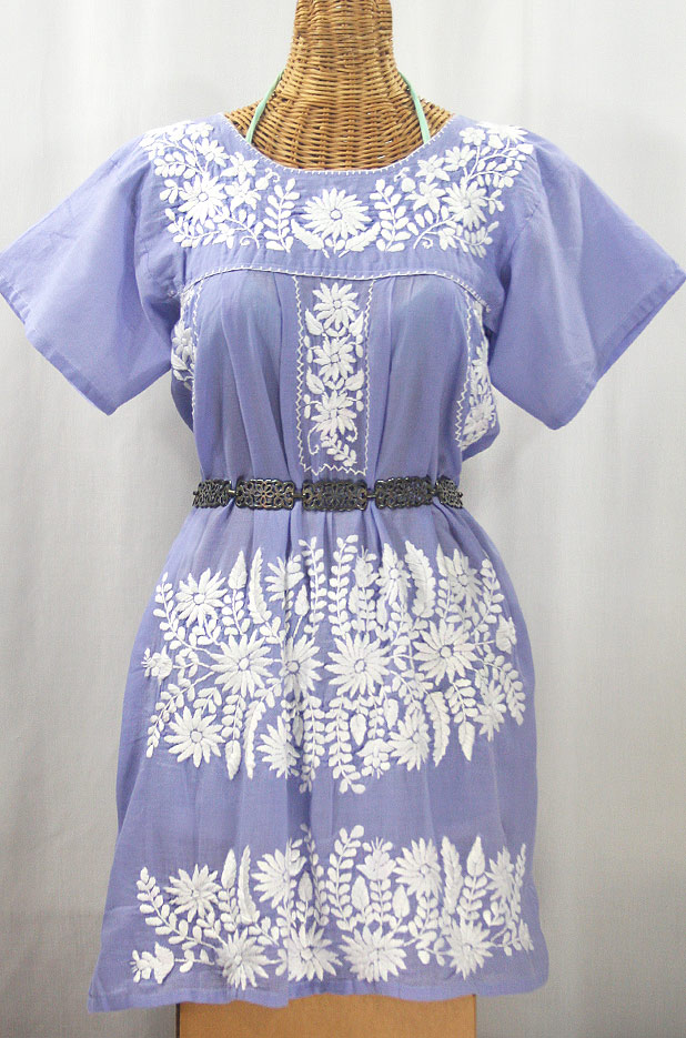 "La Favorita" Embroidered Mexican Dress - Periwinkle + White