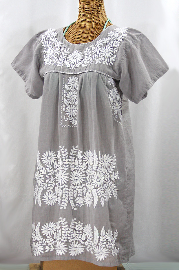 "La Favorita" Embroidered Mexican Dress - Grey + White