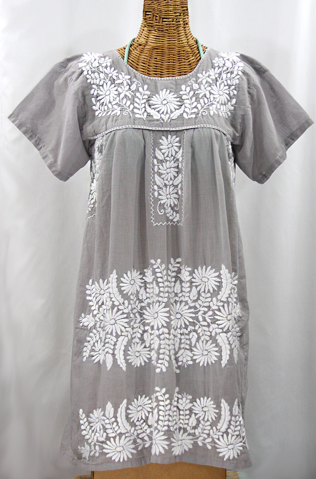 "La Favorita" Embroidered Mexican Dress - Grey + White