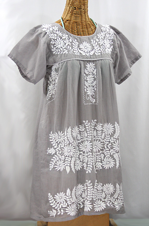 "La Favorita" Embroidered Mexican Dress - Grey + White