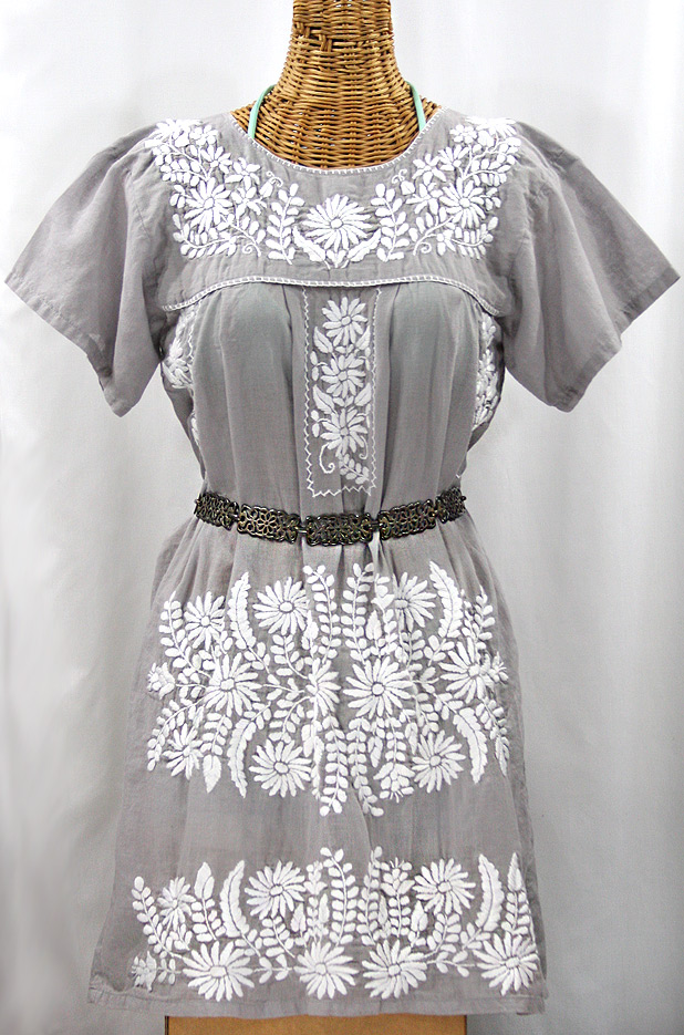 "La Favorita" Embroidered Mexican Dress - Grey + White