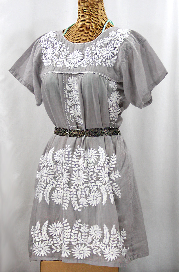 "La Favorita" Embroidered Mexican Dress - Grey + White