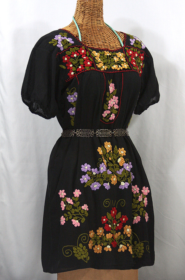 "La Florita" Embroidered Mexican Dress - Black