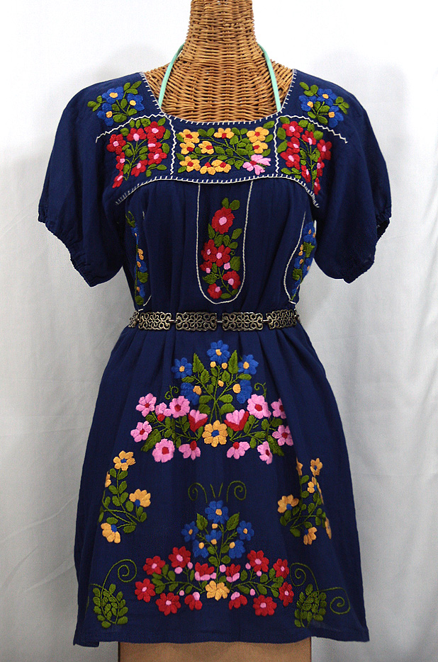 "La Florita" Embroidered Mexican Dress - Royal Blue