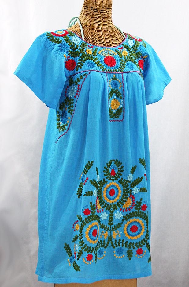 "La Talavera" Embroidered Mexican Dress - Aqua + Multi