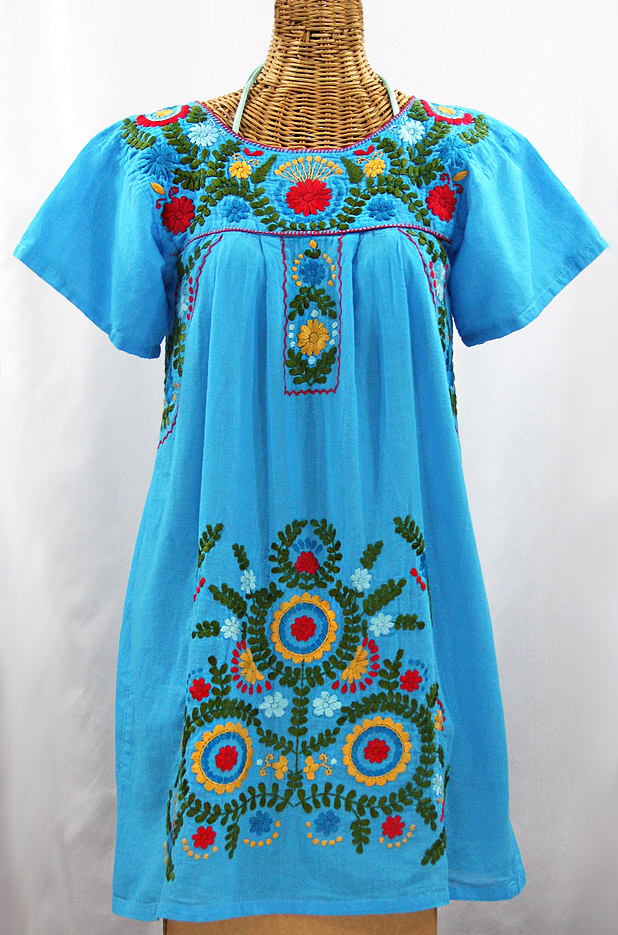 "La Talavera" Embroidered Mexican Dress - Aqua + Multi