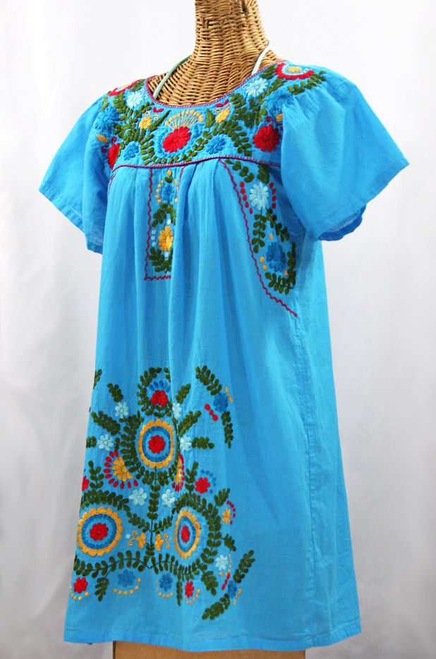 "La Talavera" Embroidered Mexican Dress - Aqua + Multi