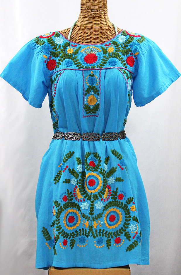 "La Talavera" Embroidered Mexican Dress - Aqua + Multi