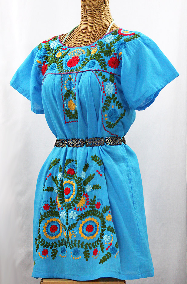 "La Talavera" Embroidered Mexican Dress - Aqua + Multi