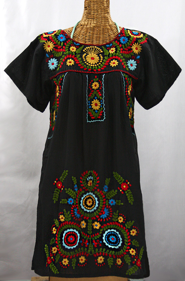 "La Talavera" Embroidered Mexican Dress - Black + Multi