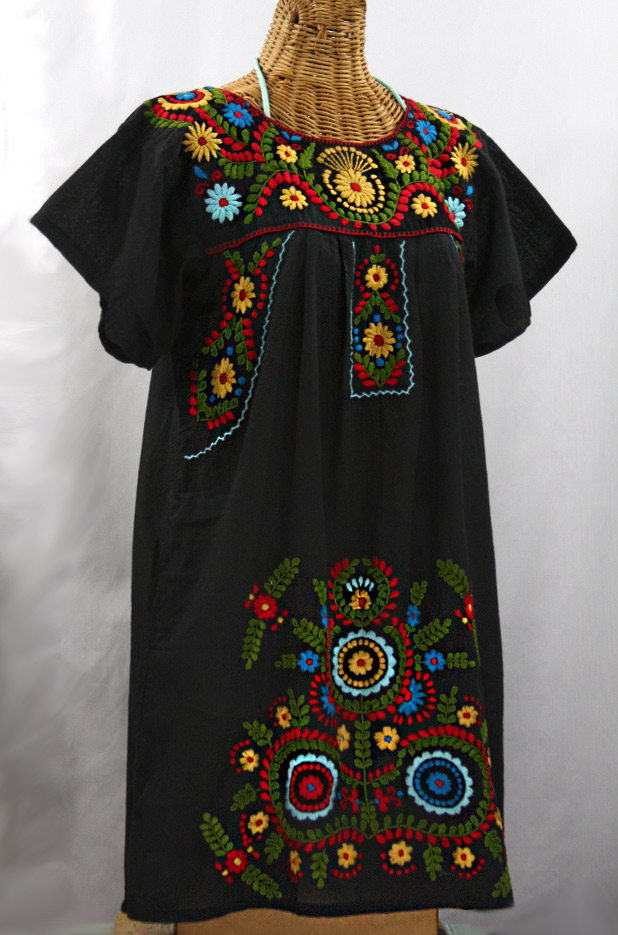 "La Talavera" Embroidered Mexican Dress - Black + Multi