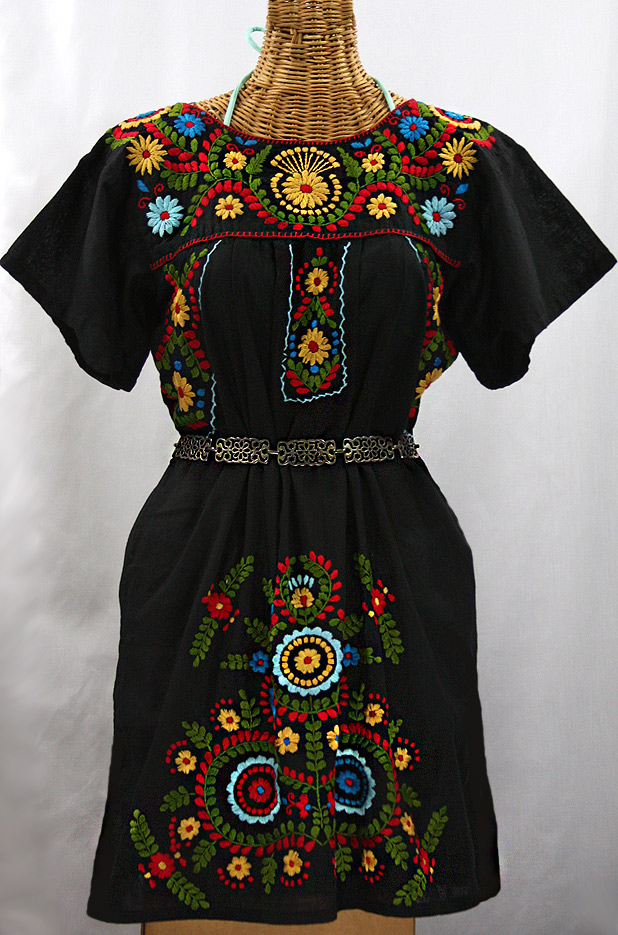 "La Talavera" Embroidered Mexican Dress - Black + Multi