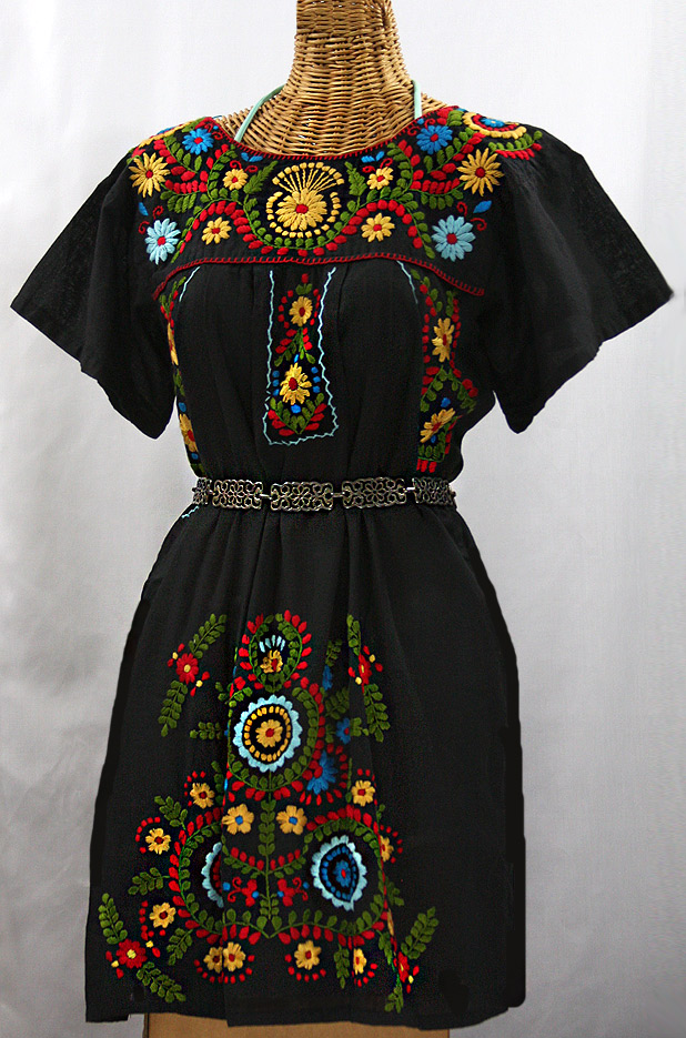 "La Talavera" Embroidered Mexican Dress - Black + Multi