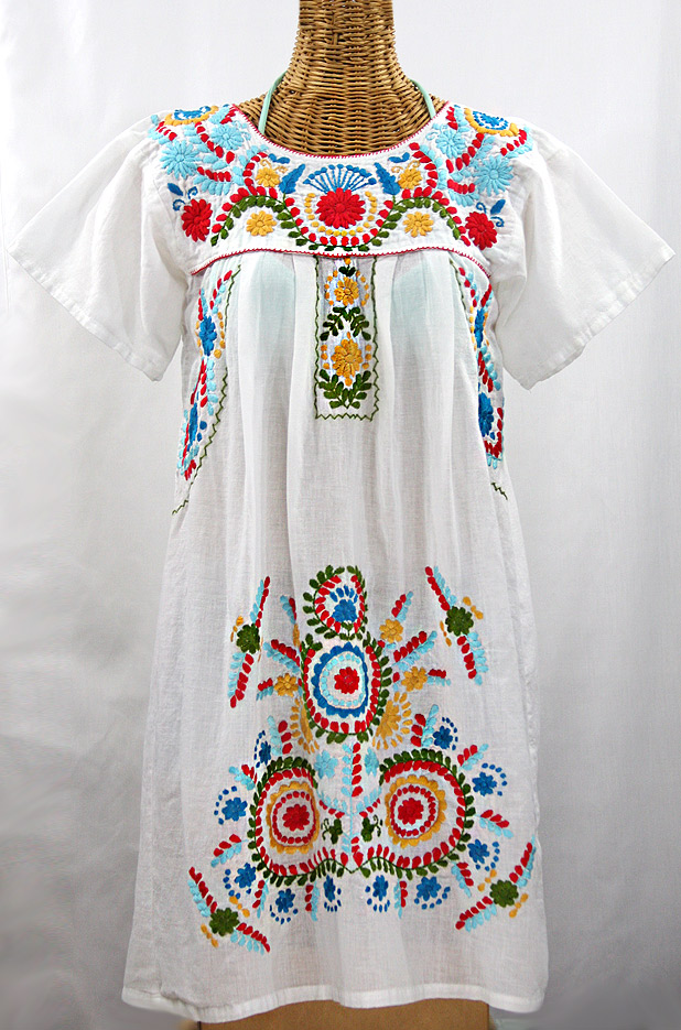 "La Talavera" Embroidered Mexican Dress - White + Multi