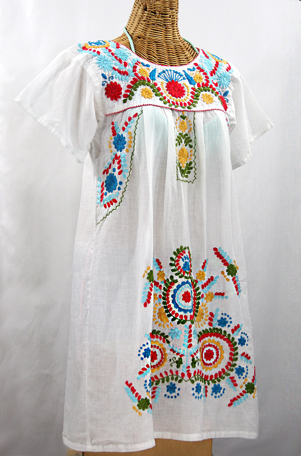 "La Talavera" Embroidered Mexican Dress - White + Multi