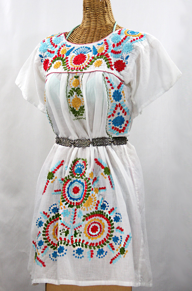 "La Talavera" Embroidered Mexican Dress - White + Multi