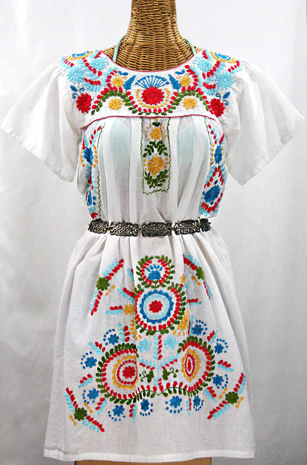 "La Talavera" Embroidered Mexican Dress - White + Multi