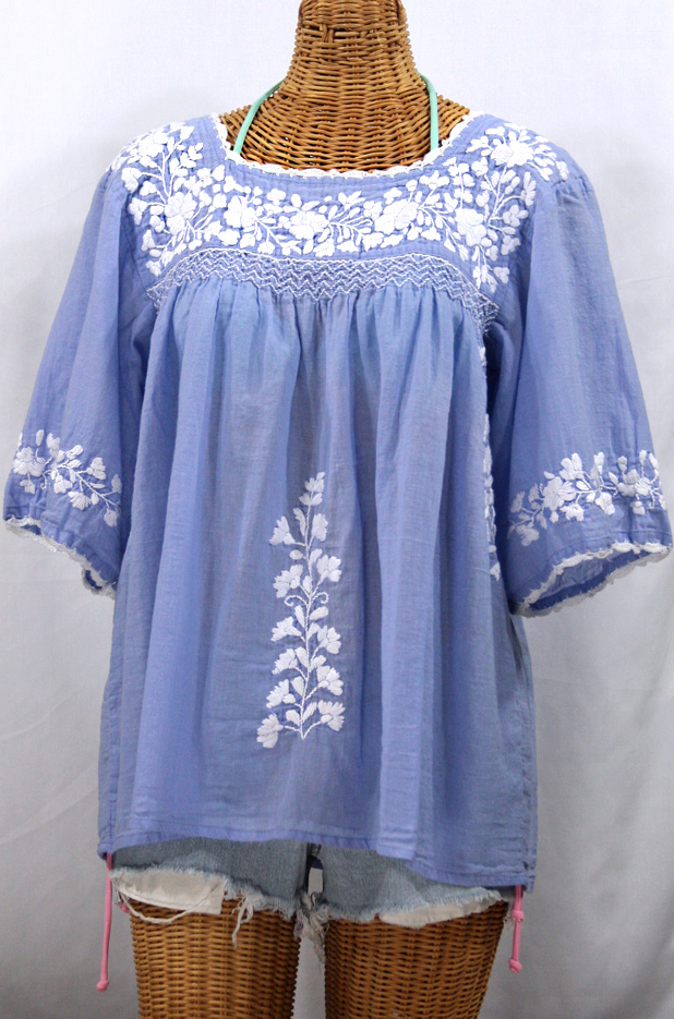 "La Marina" Mexican Peasant Blouse -Periwinkle + White